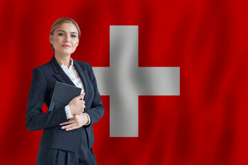 Swiss businesswoman on the flag of Switzerland digital  nomad, business, startup concept