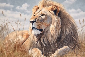 Sun-Kissed Savanna: Majestic Mane of a Regal Lion Resting, Rustling in the Breeze, generative AI
