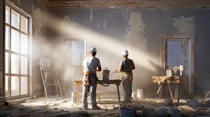 Workers expertly apply plaster to interior walls, their coordinated efforts bringing forth a seamless and polished finish. Generated by AI.