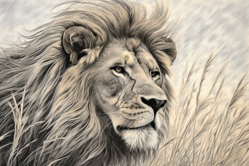 Savannah Surveyor: Majestic Mane and Exuding Strength of the King of the, Dignified and Wind-Flowing, generative AI