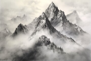 Majestic Mountain Range: Embraced by Mist, Reaching for the Heavens in Splendorous Majesty, generative AI