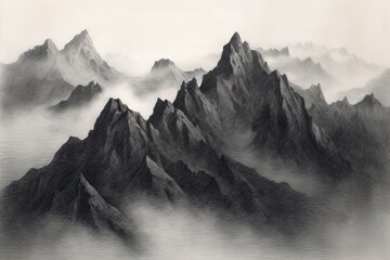 Tower Above the Horizon: Majestic Mist-Enshrouded Mountain Range, generative AI