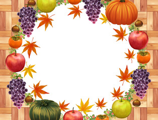 秋の味覚と紅葉　果物と野菜　木目フレーム