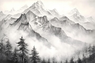 Majestic Mountain Range: Adventure and Serenity in a Misty Shroud, generative AI