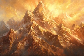 Majestic Mountain Range: Reaching for the Sky in Golden Sunlight - Silent Guardians of Nature's Majesty, generative AI