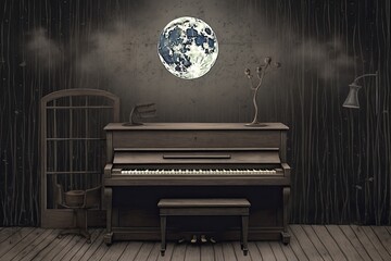 Fototapeta na wymiar Melancholic Piano Melodies: Evoking Longing and Nostalgia in Moonlit Performances, generative AI