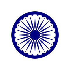 Blue Ashok Chakra wheel symbol in flat style design isolated on white background. Vector illustration.