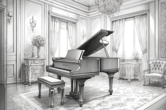 Melancholic Piano Melody Filling an Elegant Ballroom: Evoking Emotions of Longing and Serenity through a Drawing, generative AI