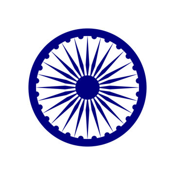 Blue Ashok Chakra wheel symbol in flat style design isolated on white background. Vector illustration.