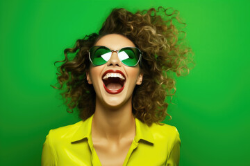 The Playful Happiness of a Woman, happy, funny and laughing. green background - obrazy, fototapety, plakaty