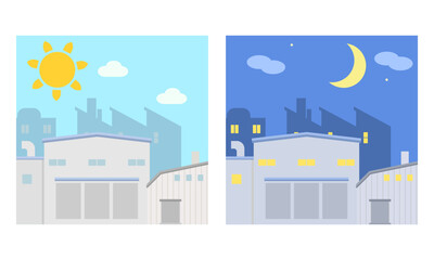 工場の朝と夜のイラスト
