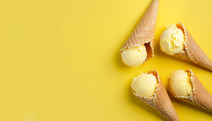 Lemon ice cream in delightful waffle cones, a treat for every taste bud. Over yellow background with copy space, flat lay