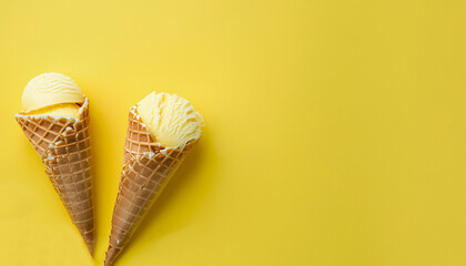 Lemon ice cream in delightful waffle cones, a treat for every taste bud. Over yellow background...