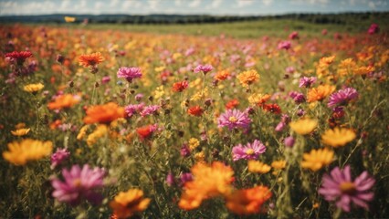 Fototapeta premium Sunset's warm embrace paints a vibrant meadow, where wildflowers sway, catching the golden rays in a picturesque symphony of nature.