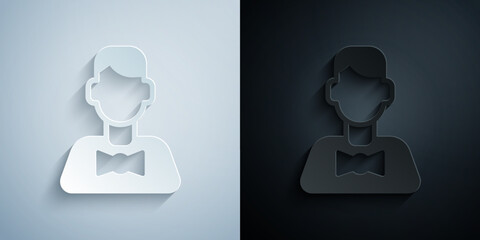 Paper cut Casino dealer icon isolated on grey and black background. Casino croupier. Paper art style. Vector