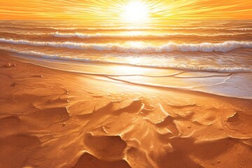 Radiant Sunbeams and Warm Golden Glow: A Tranquil Beach Drawing, generative AI