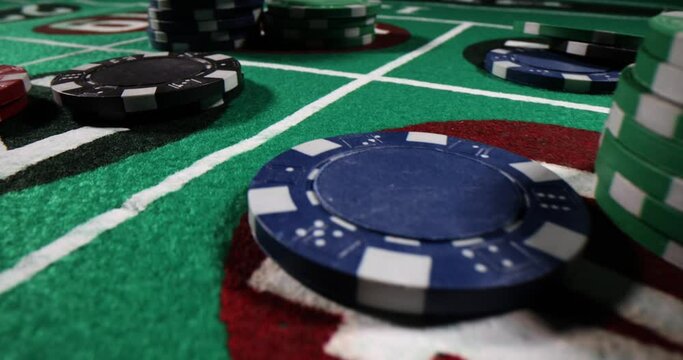 Detail of casino roulette numbers with colored chips. Money bet on numbers in te casino