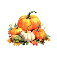Rustic pumpkin watercolor autumn still life for celebration design. Organic food. Cozy home decor. Modern interior.