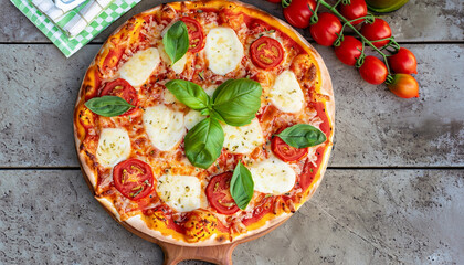 Homemade margarita pizza, topped with fresh tomatoes, mozzarella cheese, and aromatic basil leaves. On outdoor garden table flat lay with copy space