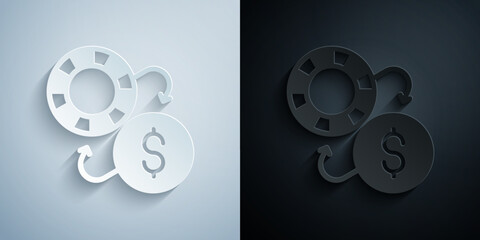 Paper cut Casino chips exchange on dollar icon isolated on grey and black background. Paper art style. Vector