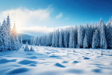 Snow-covered coniferous forest in Tien Shan mountains in Kazakhstan