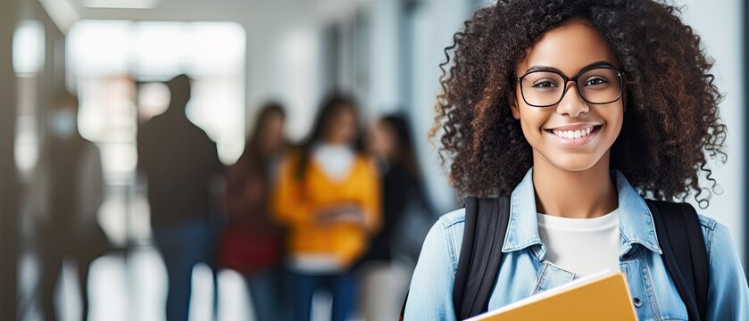 Young positive female student carrying books and a backpack through school