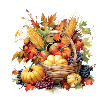 Thanksgiving cornucopia watercolor. Poster, banner, greeting card. Vector illustration. Holiday greeting card collection. Food illustration.