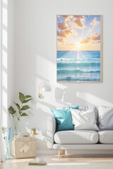 Create a beautiful summer interior for just 1 wall art mockup. The wall art is 8 x 16 inch in real size - depict it in the interior. Image created using artificial intelligence.