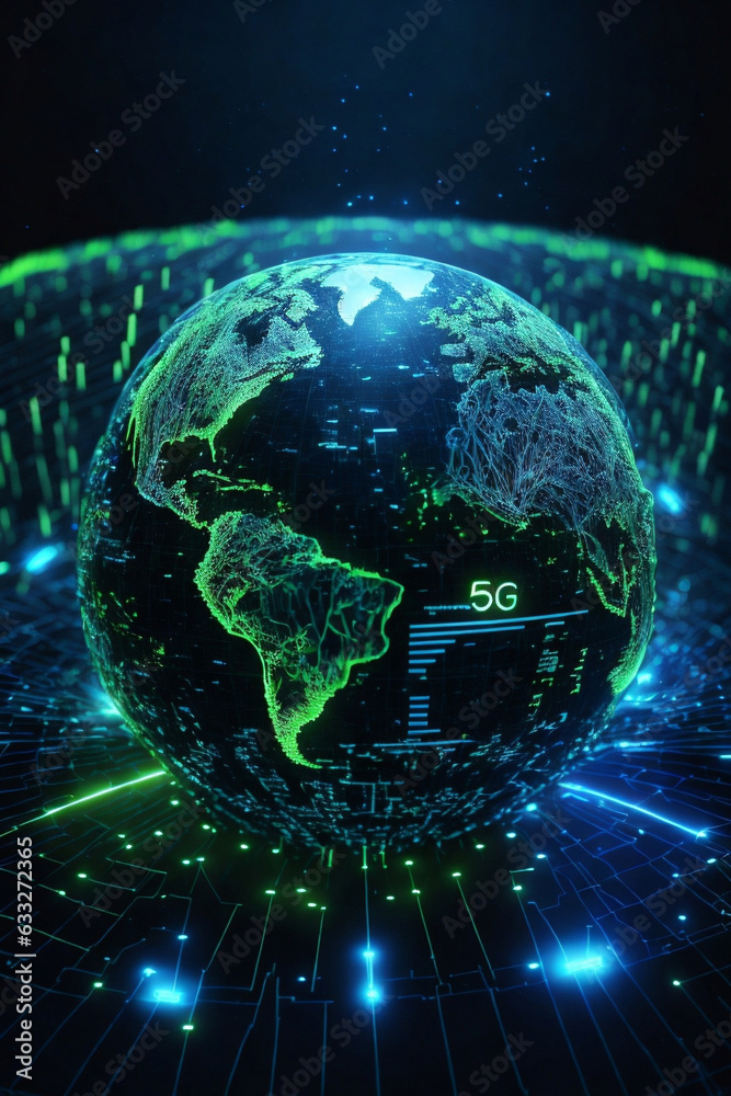 Wall mural glowing blue earth hologram on dark black background, world connected with 5G technology, Matrix vertical binary code in the background, black and green. Image created using artificial intelligence.