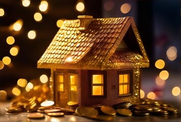 a glowing golden miniature house with coins