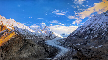Drang Drung Glacier a mountain glacier near the Pensi La mountain pass at the Kargil - Zanskar Road in Jammu and Kashmir, India.