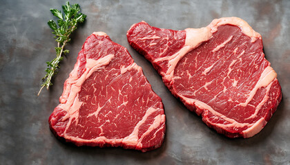 Raw beef ribeye steak, fresh and ready for cooking, promising a mouthwatering culinary experience. Flat lay