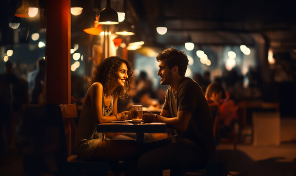 Couple on a date at a Cafe. Concept of dating, love and matchmaking. Shallow field of view.