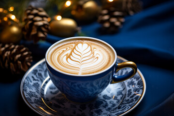 coffee with latte art on a blue and gold Christmas set table, Christmas morning vibes