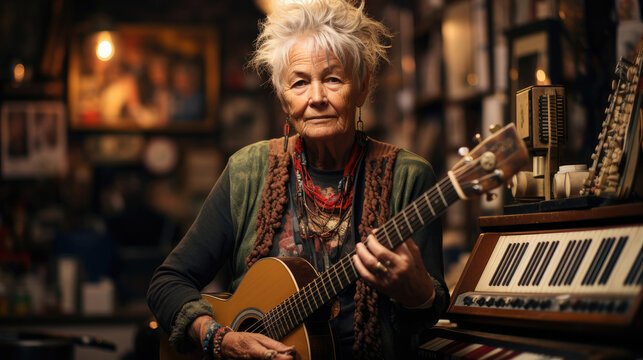 An elderly music enthusiast surrounded by instruments and supplies.