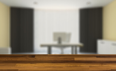 Elegant office interior. Mixed media. 3D rendering.. Background with empty wooden table. Flooring.