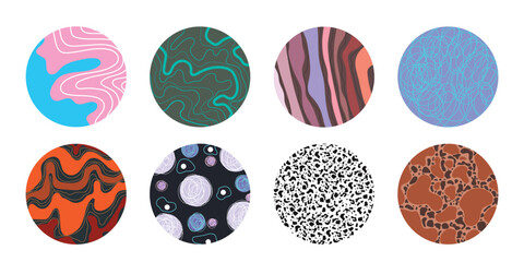 Set of round abstract colorful backgrounds or patterns. Drawn doodle shapes. Spots, drops, curves, lines. Modern modern fashion vector illustration. Posters, icon templates for social networks