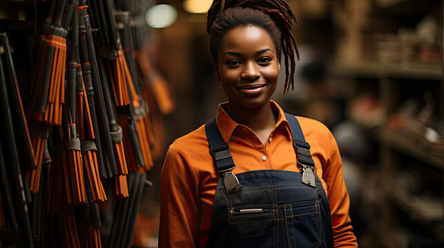 A store owner in a practical outfit stands with arms crossed, surrounded by fading hardware tools and supplies, in a small local hardware store.