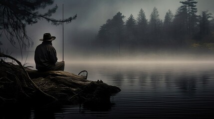 Amidst the mystique of a foggy lake, a patient fisherman casts his line, becoming one with the secretive beauty that cloaks the waters, evoking a sense of wonder. Generated by AI.