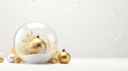 Christmas 3d white glass snow ball dome with white and gold christmas balls. Realistic white decorations for New Year winter background. minimalist design.