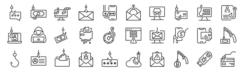 Set of 30 outline icons related to scam, phishing. Linear icon collection. Editable stroke. Vector illustration