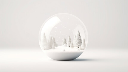 Christmas 3d white glass snow ball dome with white and gold christmas balls. Realistic white decorations for New Year winter background. minimalist design.