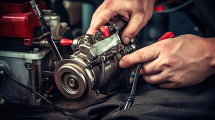 Auto repair specialist is hard at work, using their knowledge and tools to fix a faulty ignition coil, ensuring reliable engine starting and fuel efficiency. Generated by AI.