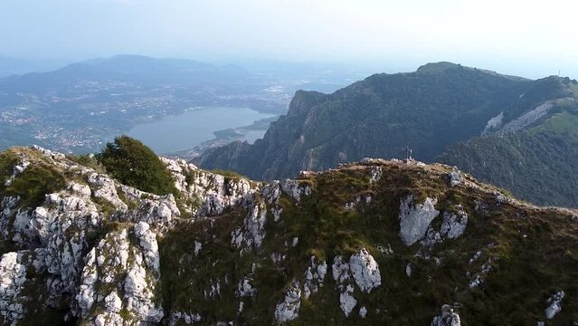 Drone flying over Corni di Canzo rocky peak