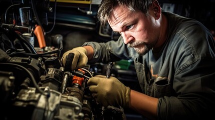 Auto technician is hard at work, using their knowledge and tools to check and replace the car's spark plugs, ensuring consistent and efficient engine firing. Generated by AI.