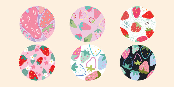 Set of abstract round pattern with strawberry, cute cartoon illustration. Line, shape, spots, dots. Modern  STRAWBERRRY-six-pattfashion vector illustration. Posters, icon templates for social networks