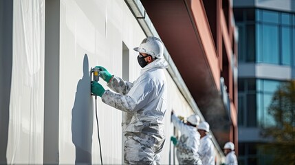 Builders applying a weatherproof coating to an exterior surface, a crucial step that enhances the building's resilience and ensures its structural integrity over time. Generated by AI.