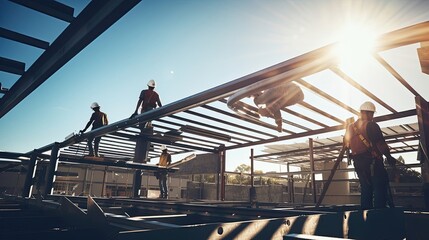 Naklejka premium Builders' work as they expertly piece together a metal framework for a large commercial undertaking. Generated by AI.