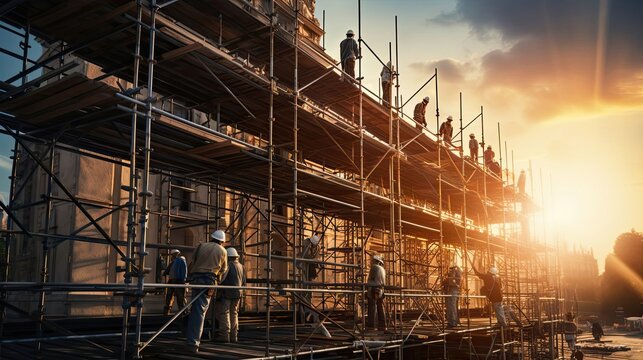 Builders assembling prefabricated sections of a modular project, a collaborative effort that highlights the efficiency and sustainability of modern. Generated by AI.