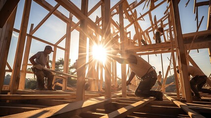Building a wooden frame for a newly planned residential property, showcasing their expertise in structural design and construction. Generated by AI.